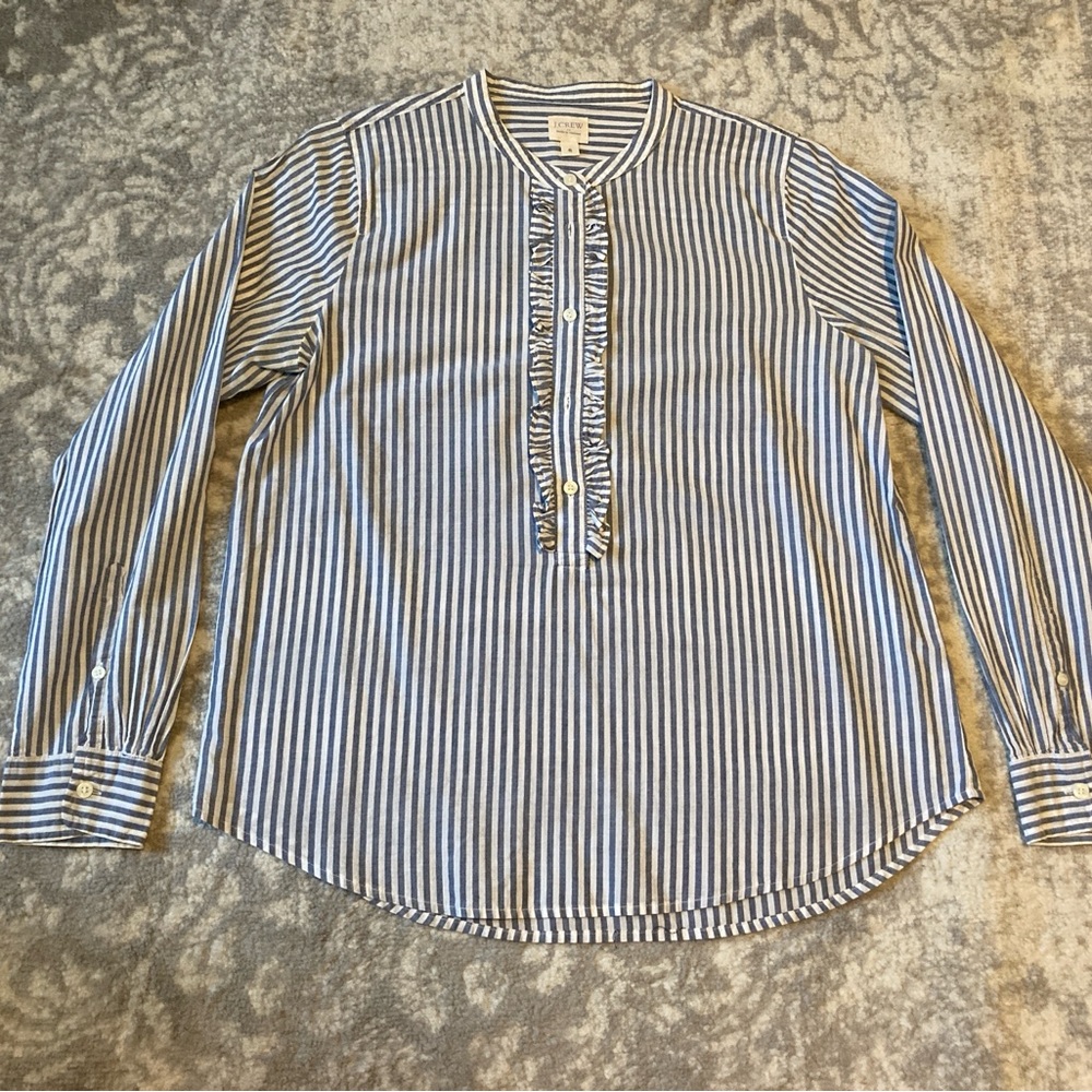 J. Crew Chambray and White Striped Blouse with Ruffle detail